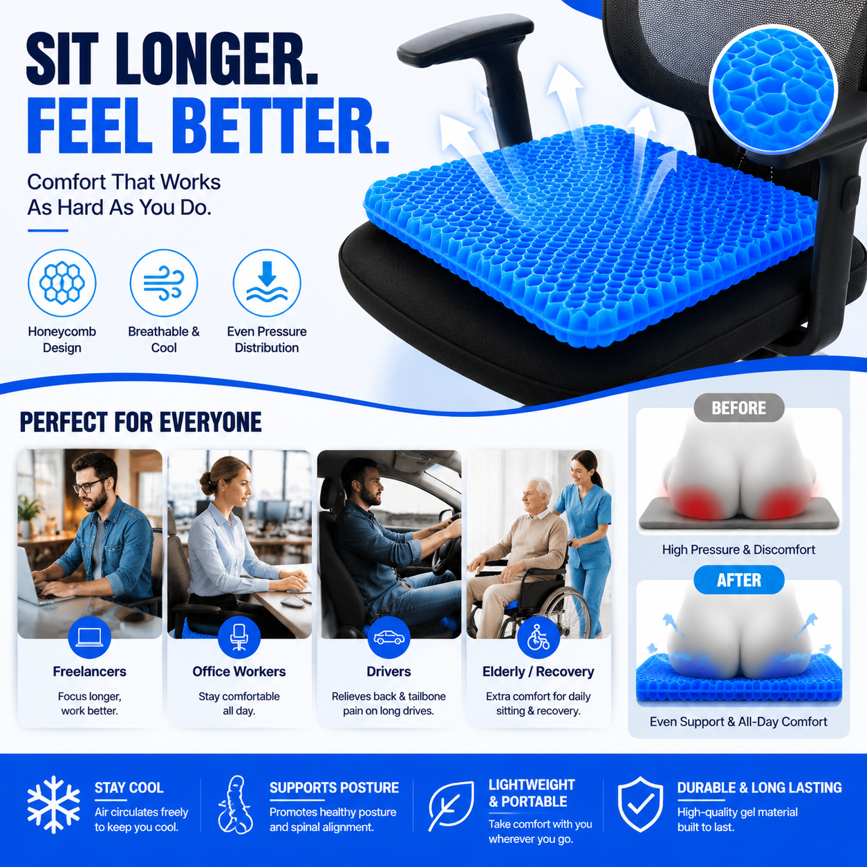3-in-1 Breathable Gel Comfort Cushion - Long Sitting Support & Pressure Relief