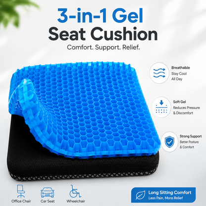 3-in-1 Breathable Gel Comfort Cushion - Long Sitting Support & Pressure Relief