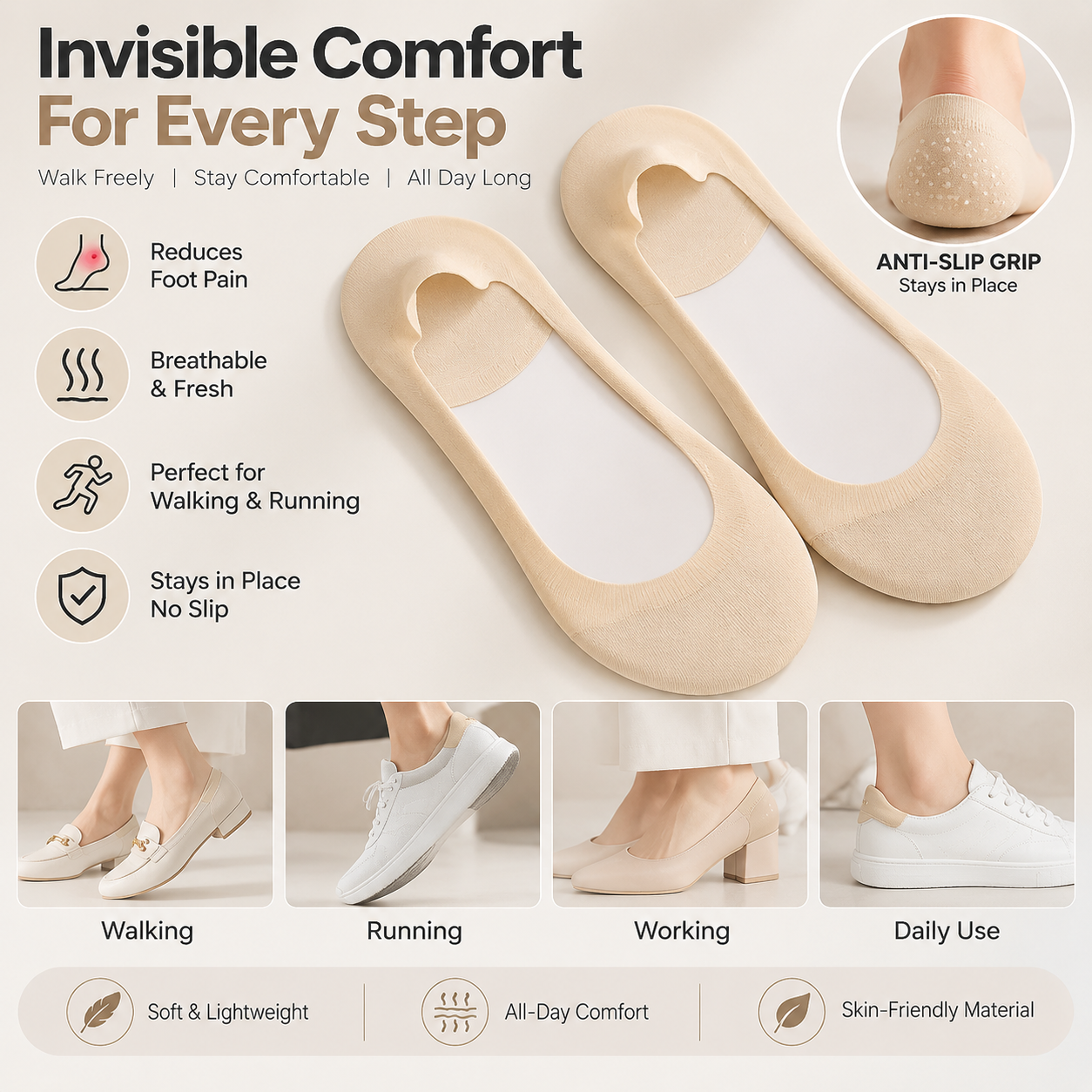 3-in-1 Orthopedic Invisible Socks – Anti-Odour, Breathable & Anti-Slip